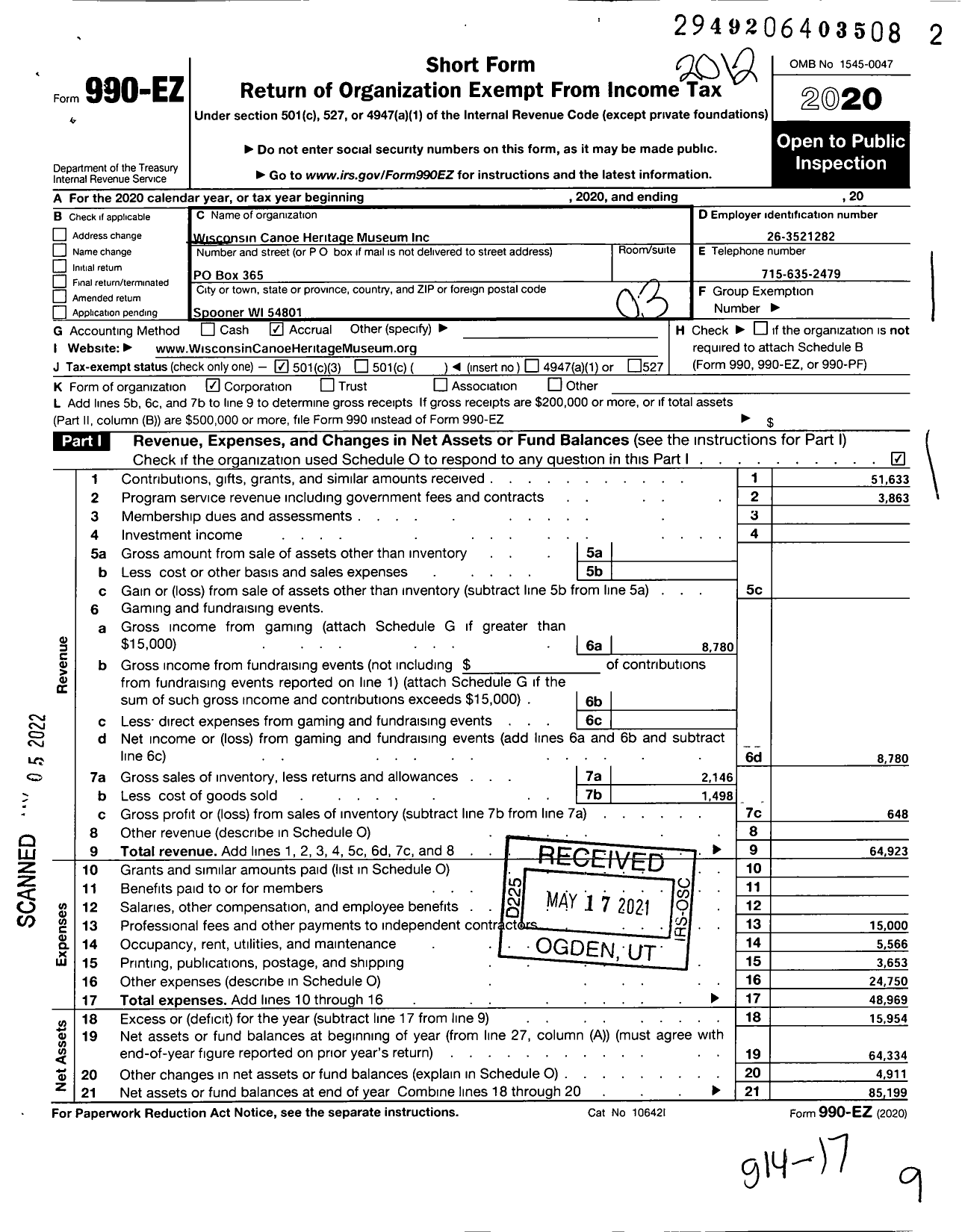 Image of first page of 2020 Form 990EZ for Wisconsin Canoe Heritage Museum