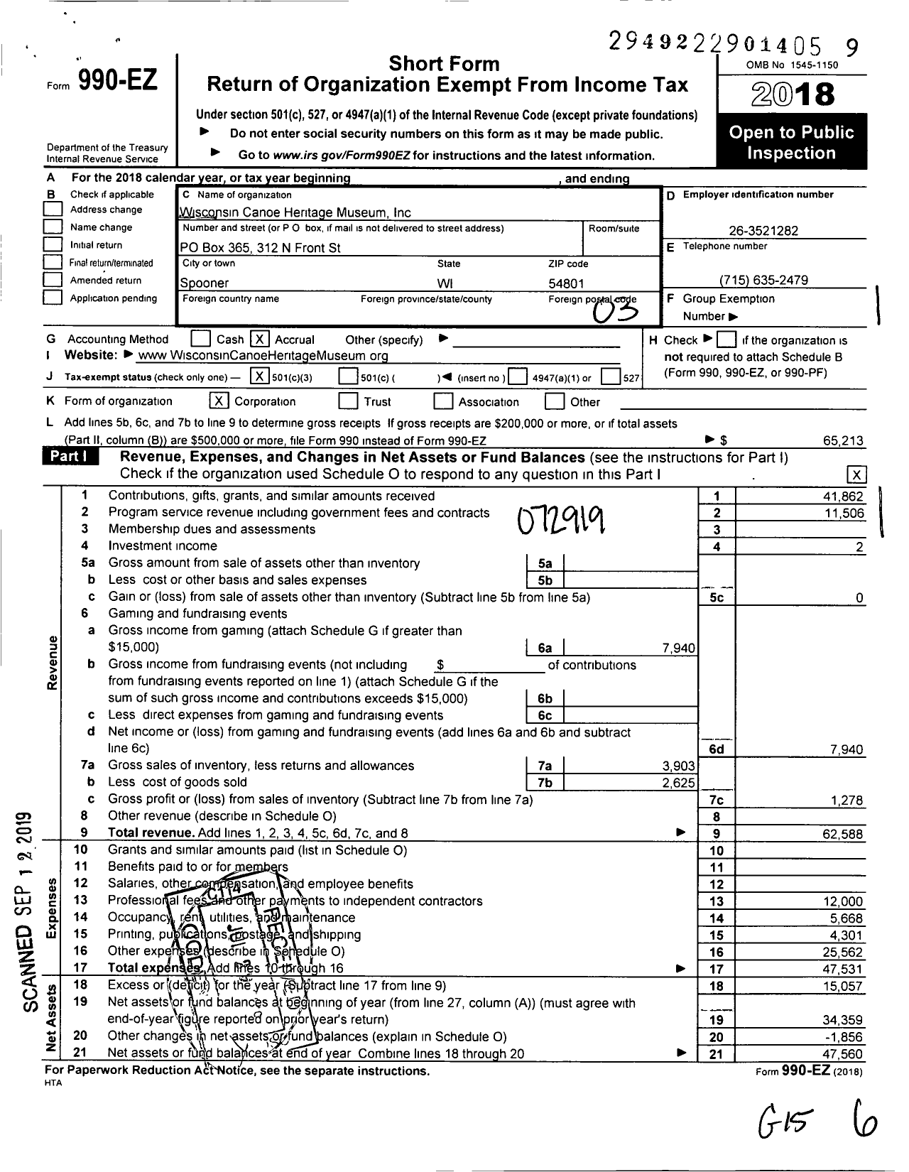 Image of first page of 2018 Form 990EZ for Wisconsin Canoe Heritage Museum