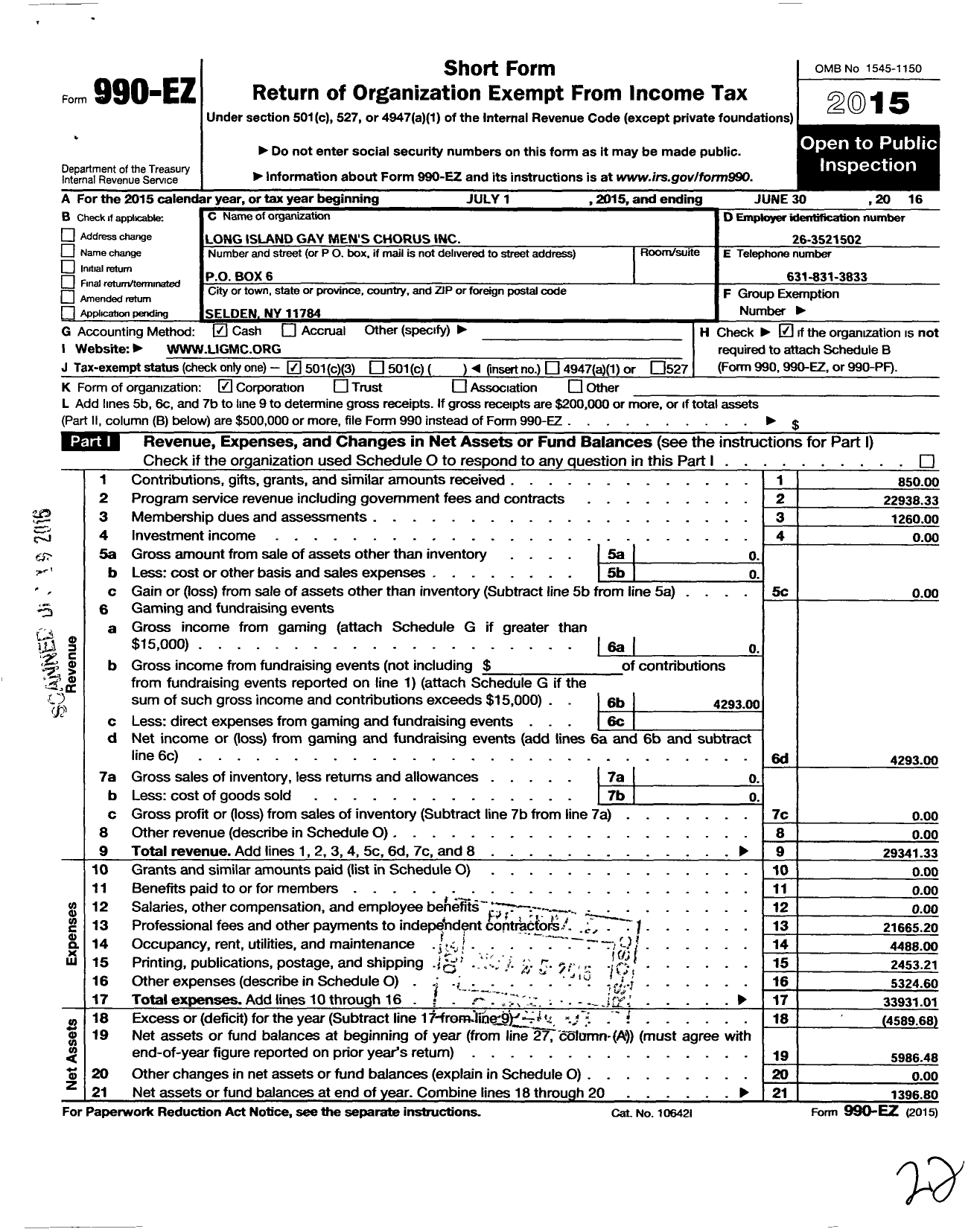 Image of first page of 2015 Form 990EZ for Long Island Gay Mens Chorus