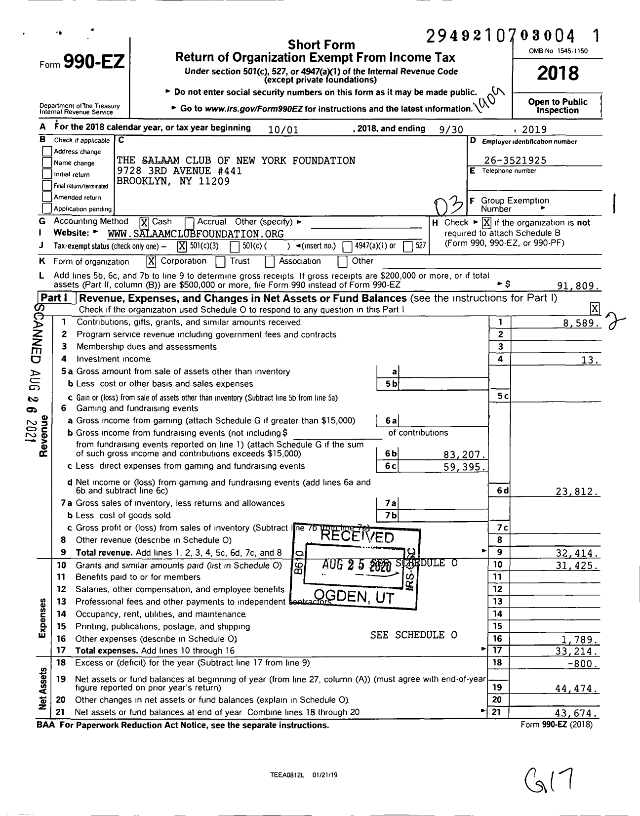 Image of first page of 2018 Form 990EZ for The Salaam Club of New York Foundation