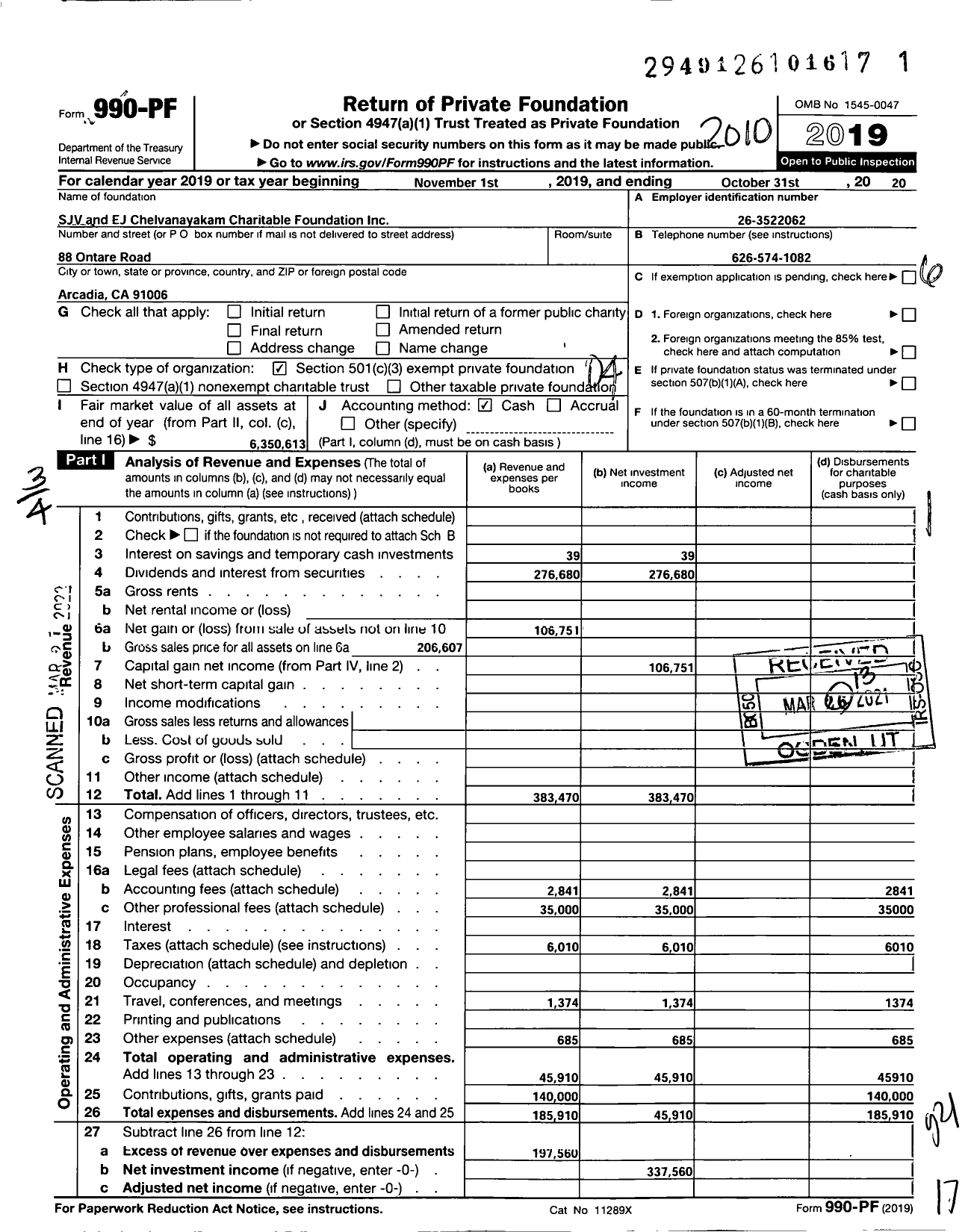 Image of first page of 2019 Form 990PF for SJV and Ej Chelvanayakam Foundation