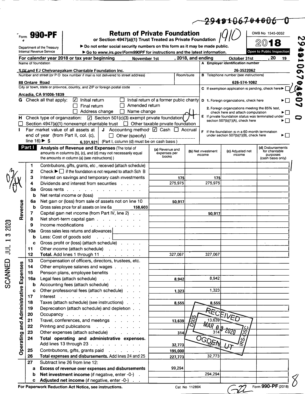 Image of first page of 2018 Form 990PR for SJV and Ej Chelvanayakam Foundation