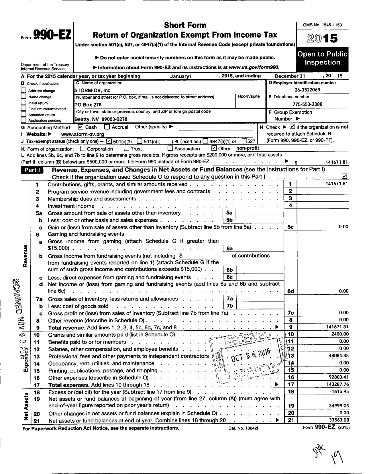 Image of first page of 2015 Form 990EZ for Storm Ov