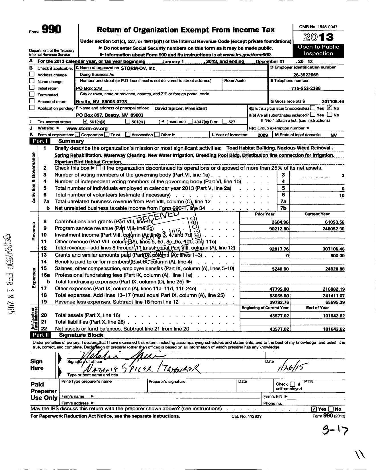 Image of first page of 2013 Form 990 for Storm Ov