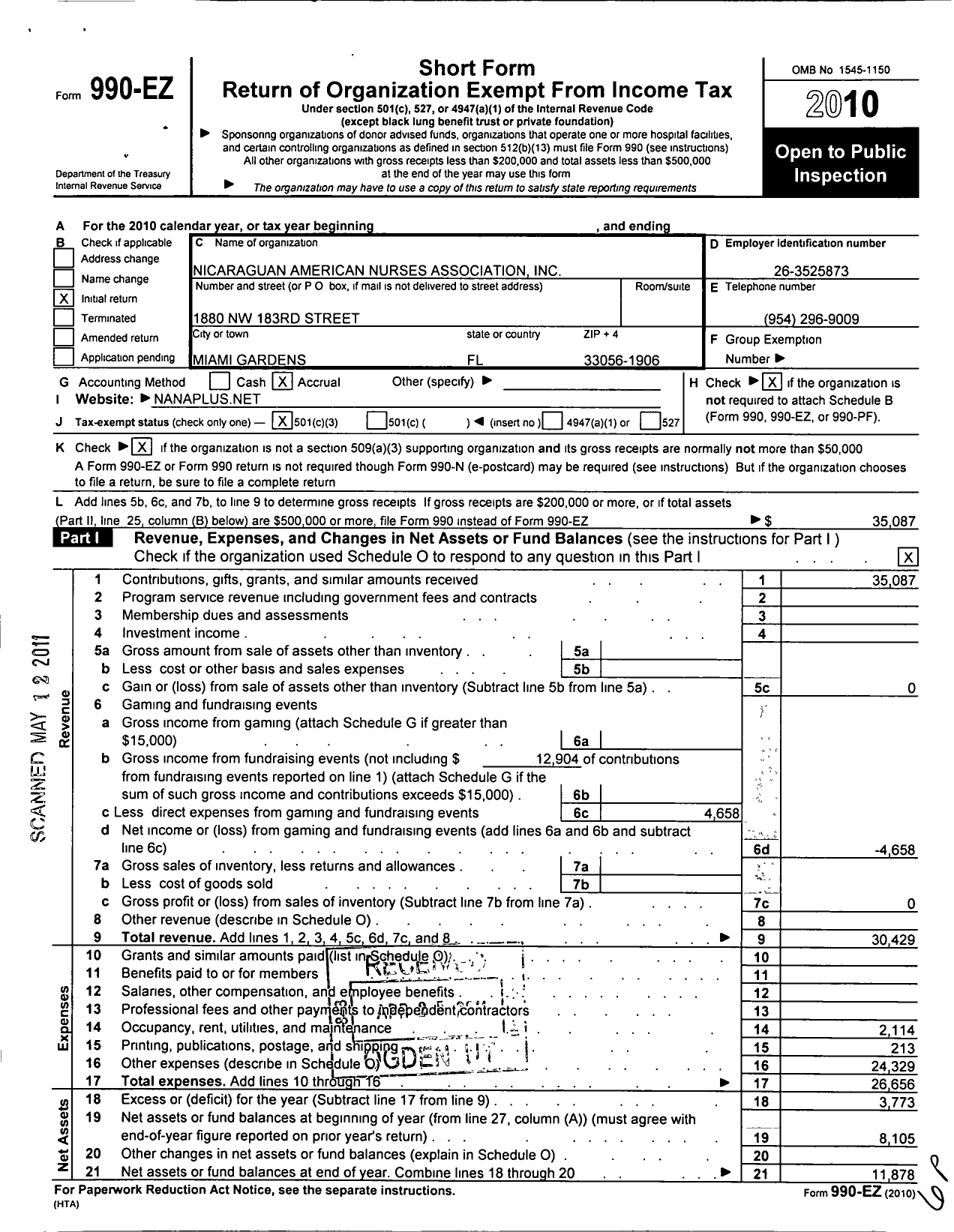 Image of first page of 2010 Form 990EZ for Nicaraguan American Nurses Association