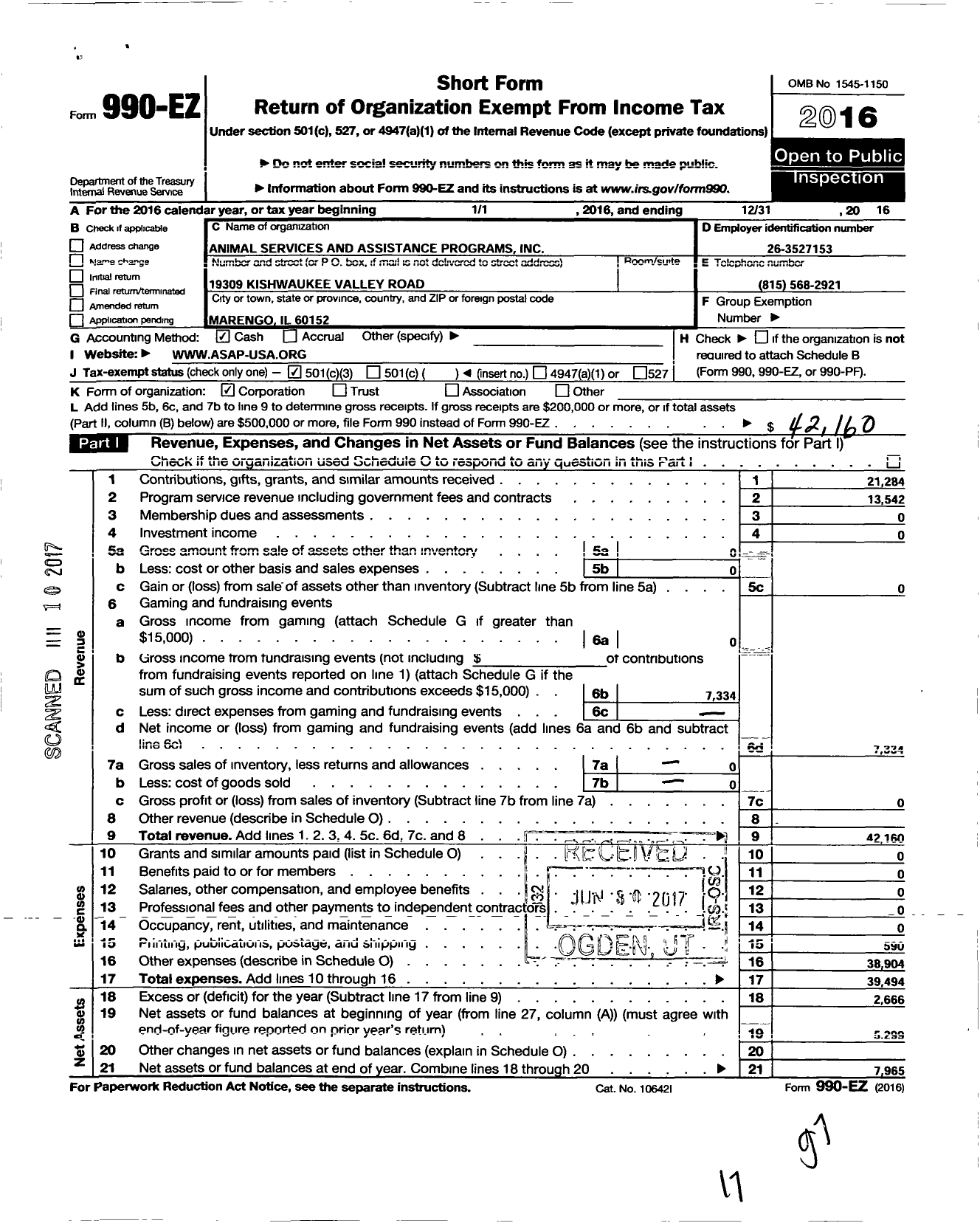 Image of first page of 2016 Form 990EZ for Animal Services and Assistance Programs (ASAP)