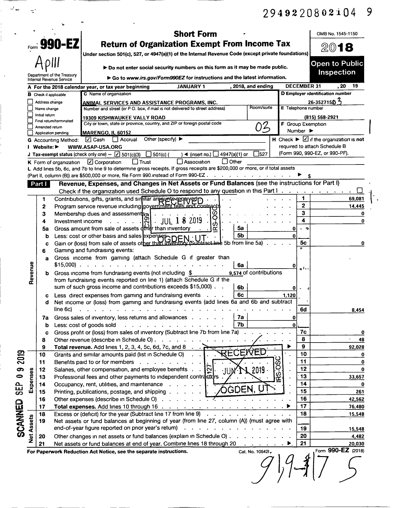 Image of first page of 2019 Form 990EZ for Animal Services and Assistance Programs (ASAP)