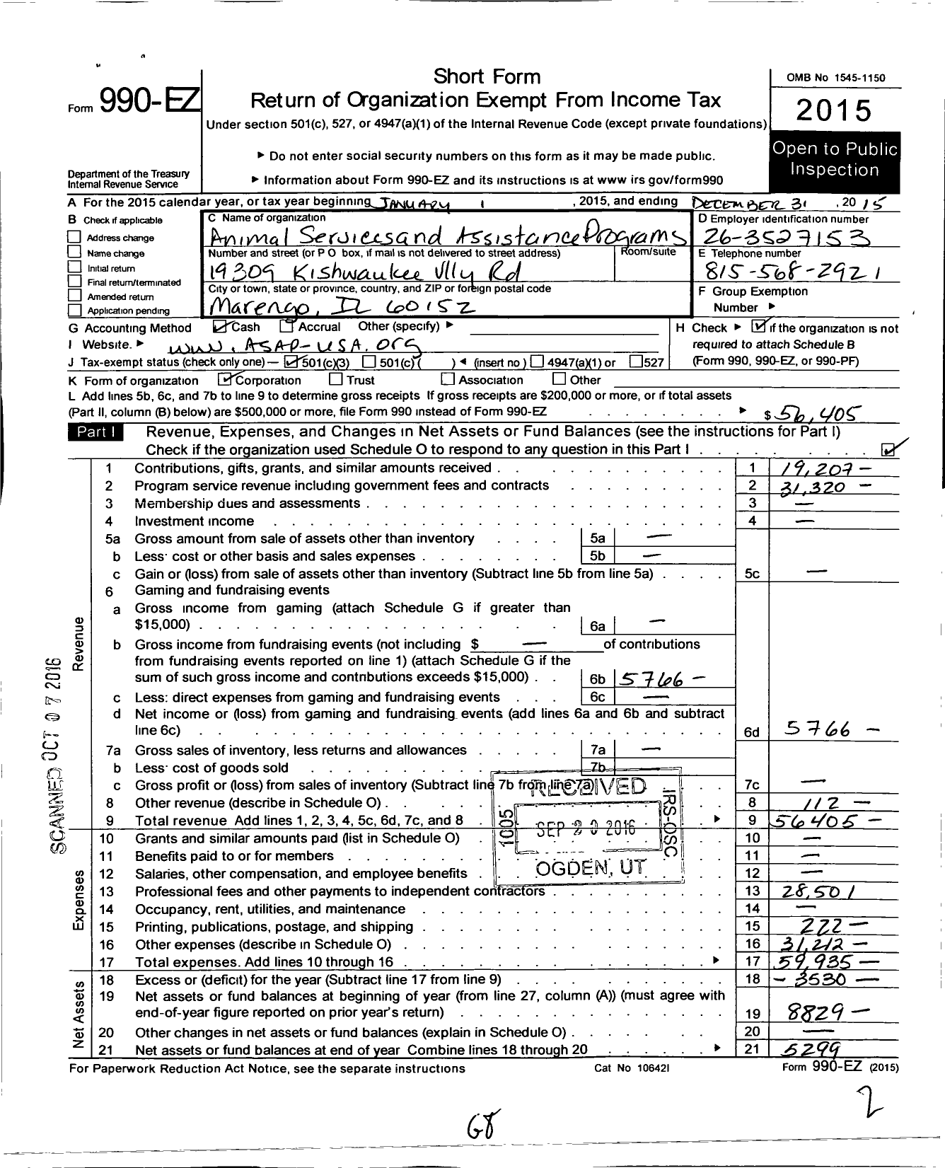 Image of first page of 2015 Form 990EZ for Animal Services and Assistance Programs (ASAP)