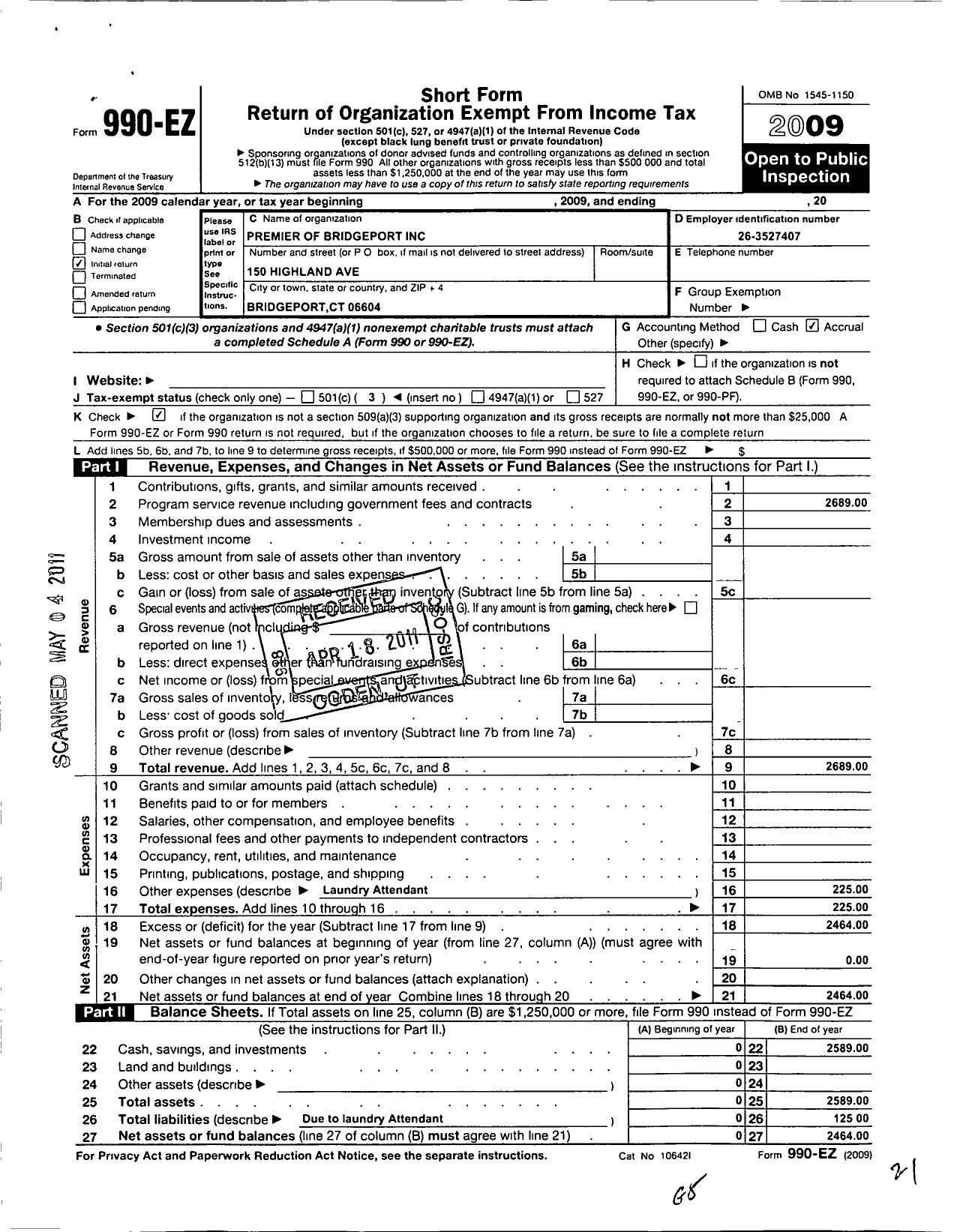 Image of first page of 2009 Form 990EZ for Premier of Bridgeport