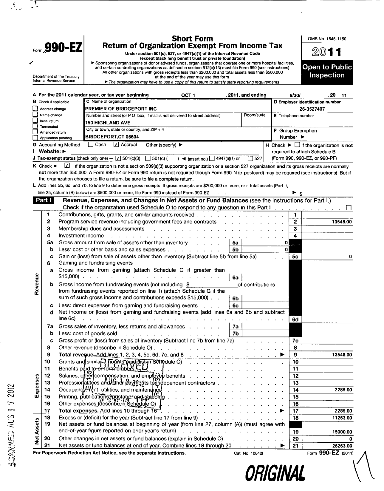 Image of first page of 2010 Form 990EZ for Premier of Bridgeport