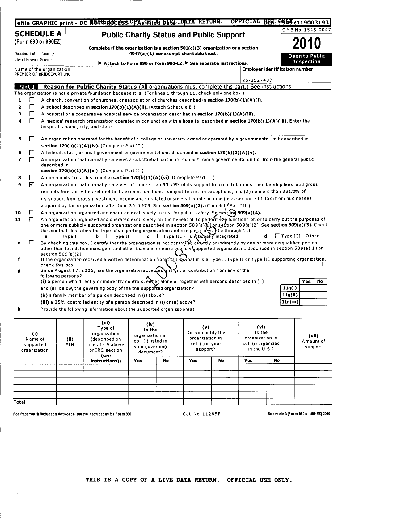 Image of first page of 2010 Form 990ER for Premier of Bridgeport