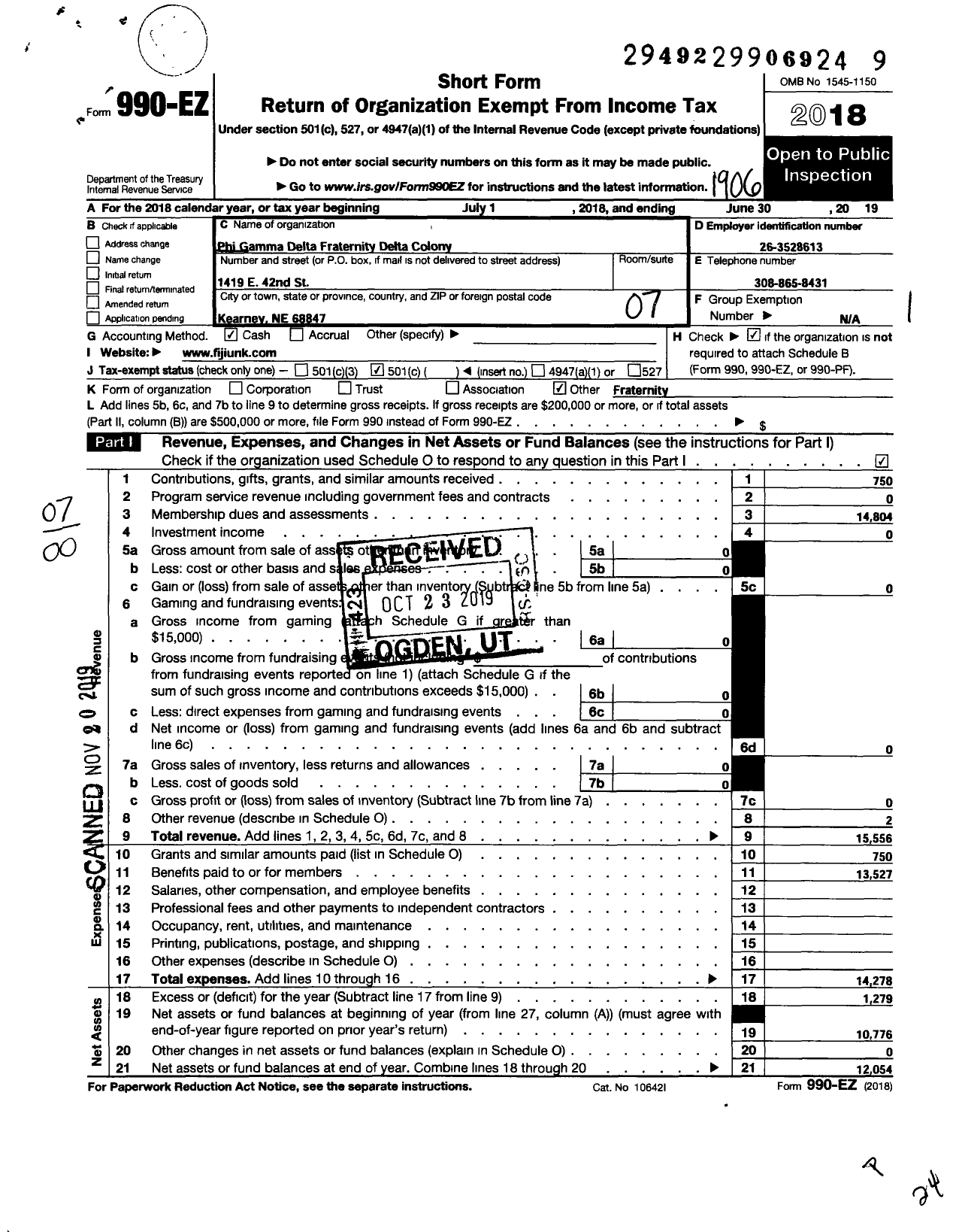 Image of first page of 2018 Form 990EO for Phi Gamma Delta Fraternity - Delta Colony