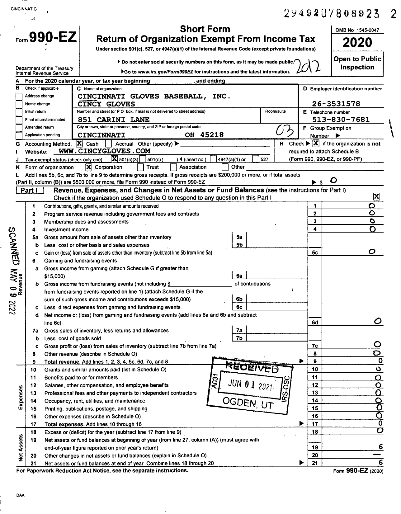 Image of first page of 2020 Form 990EZ for Cincinnati Gloves Baseball Cincy Gloves