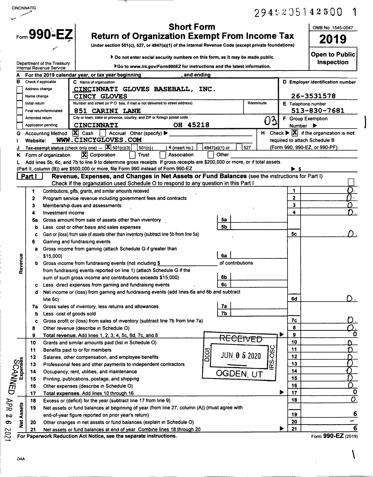 Image of first page of 2019 Form 990EZ for Cincinnati Gloves Baseball Cincy Gloves