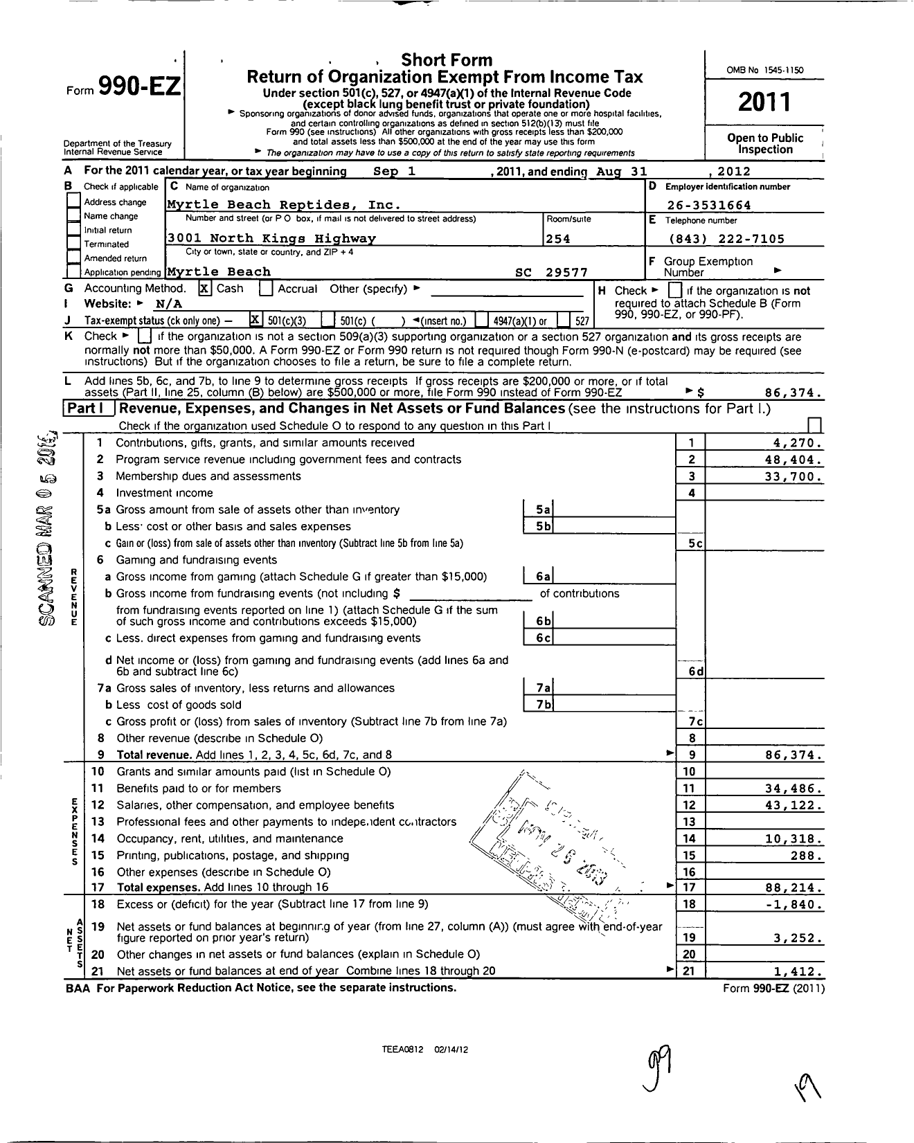 Image of first page of 2011 Form 990EZ for Myrtle Beach Riptides