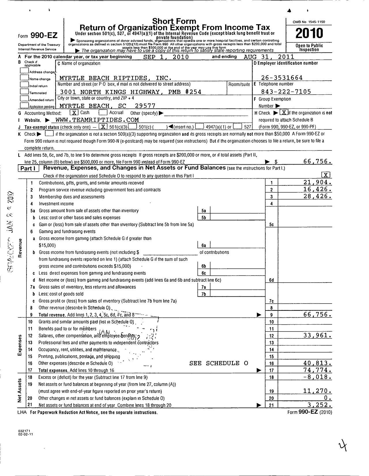 Image of first page of 2010 Form 990EZ for Myrtle Beach Riptides