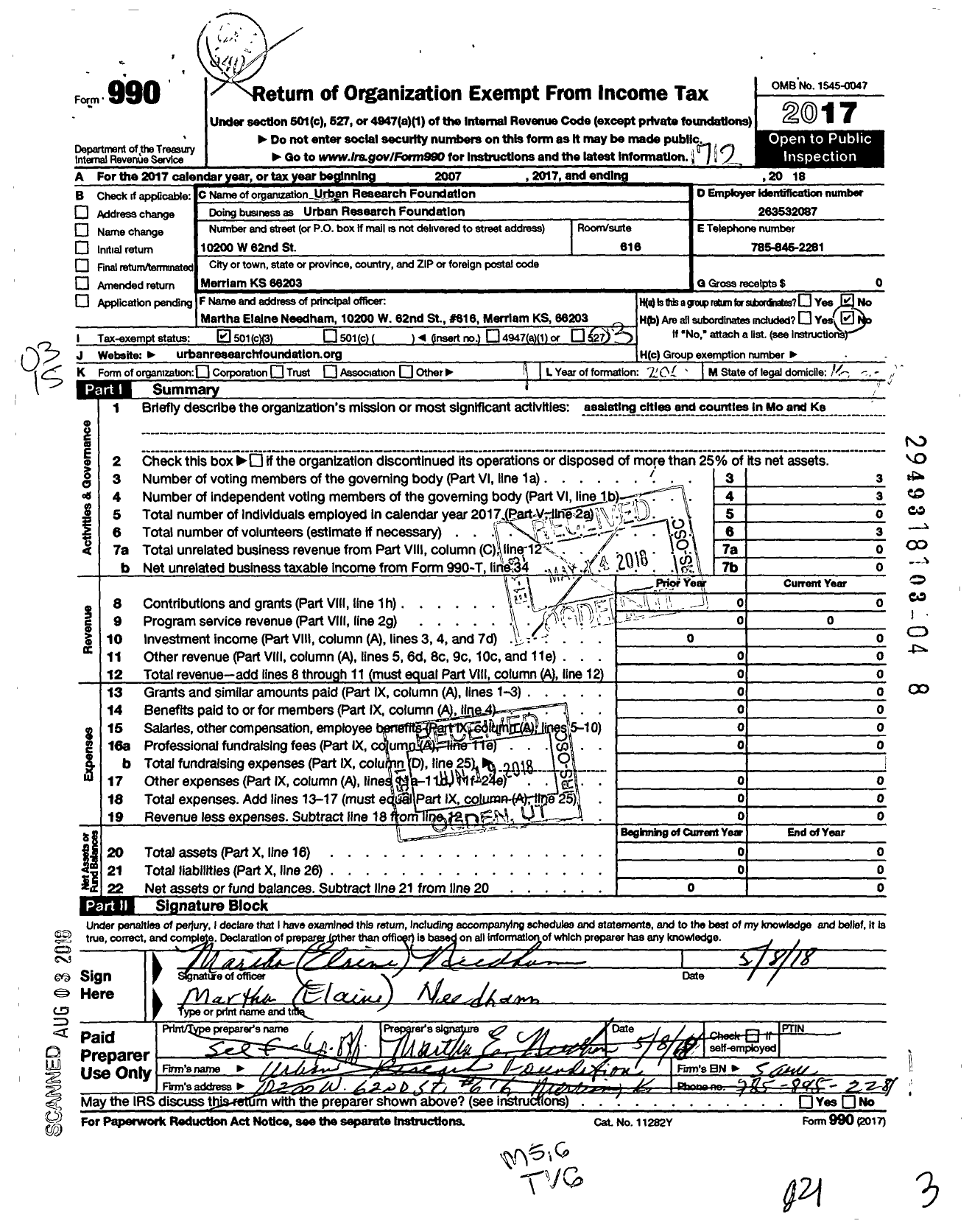 Image of first page of 2017 Form 990 for Urban Research Foundation