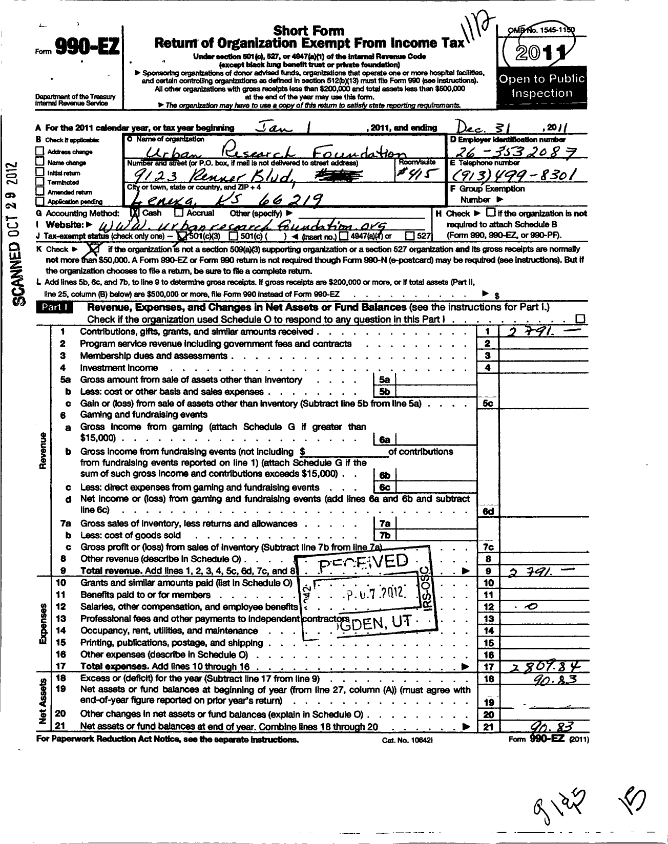 Image of first page of 2011 Form 990EZ for Urban Research Foundation