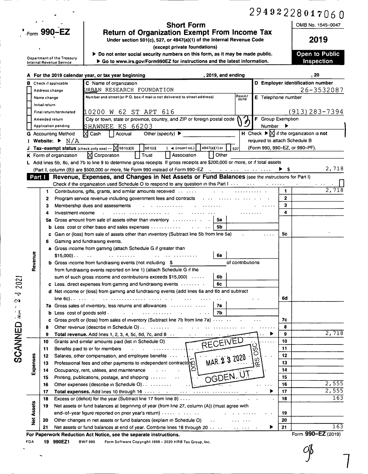 Image of first page of 2019 Form 990EZ for Urban Research Foundation