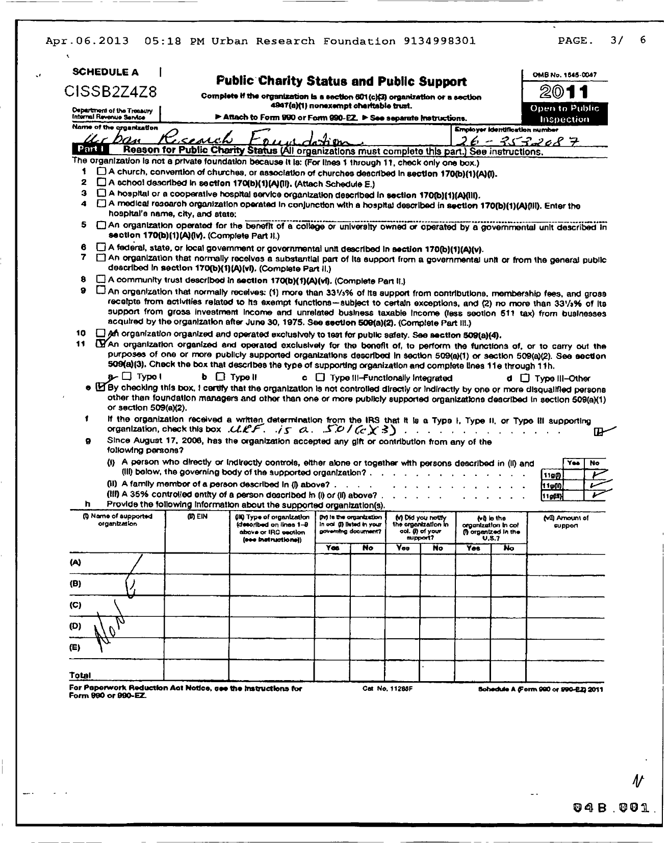 Image of first page of 2011 Form 990ER for Urban Research Foundation