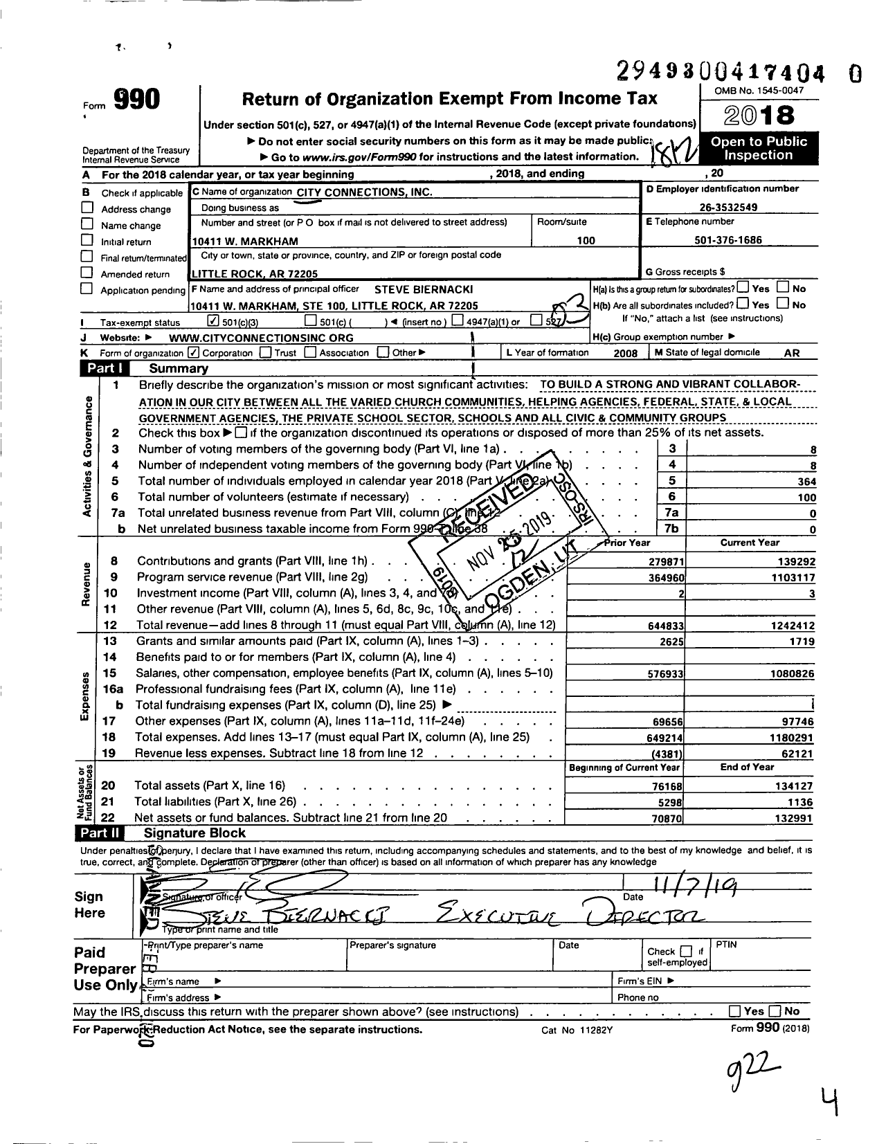 Image of first page of 2018 Form 990 for City Connections