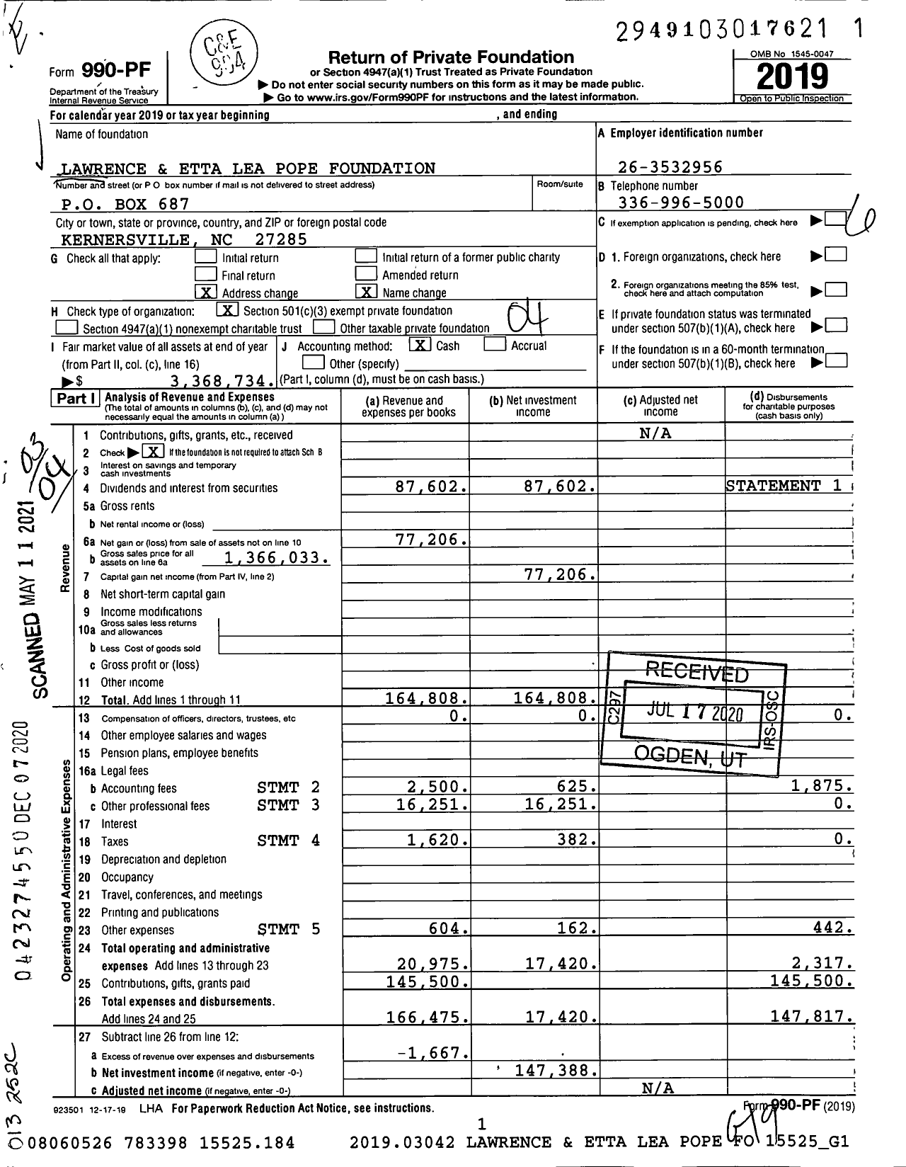 Image of first page of 2019 Form 990PF for Lawrence and Etta Lea Pope Foundation