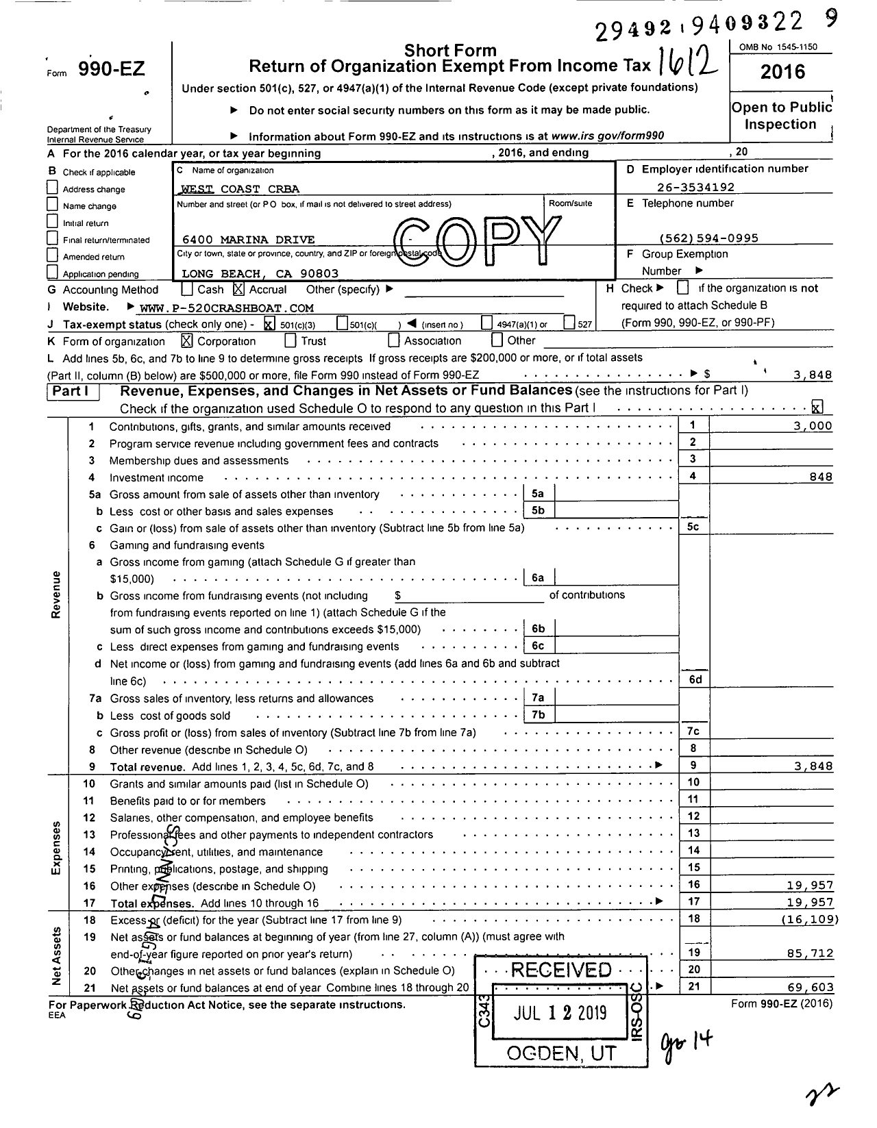 Image of first page of 2016 Form 990EZ for West Coast Crba