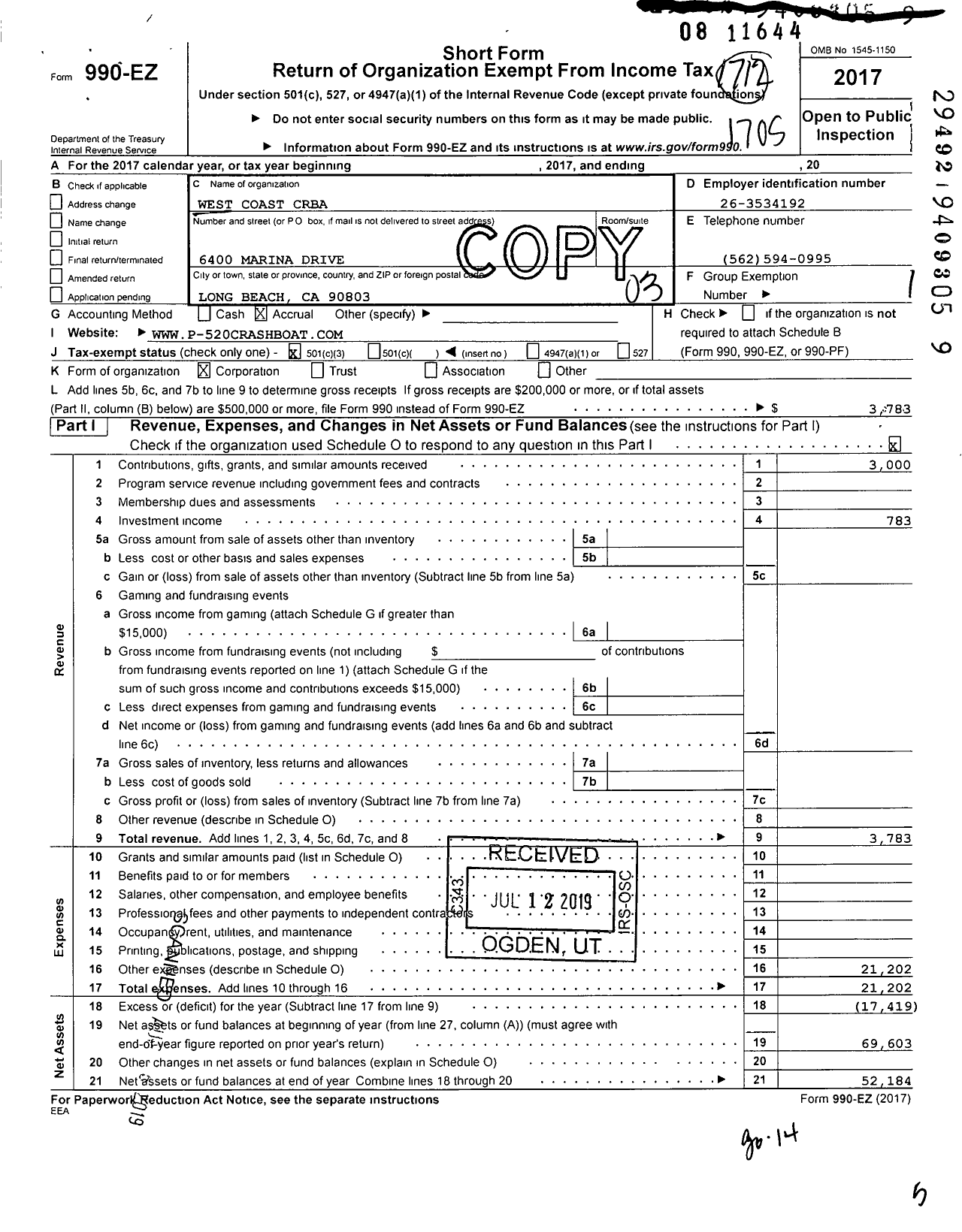 Image of first page of 2016 Form 990EZ for West Coast Crba