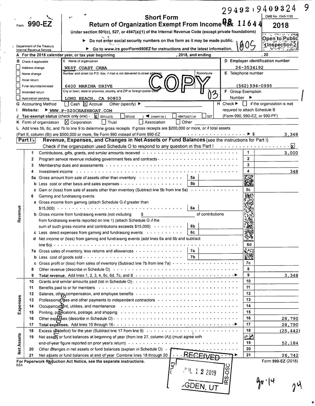 Image of first page of 2017 Form 990EZ for West Coast Crba