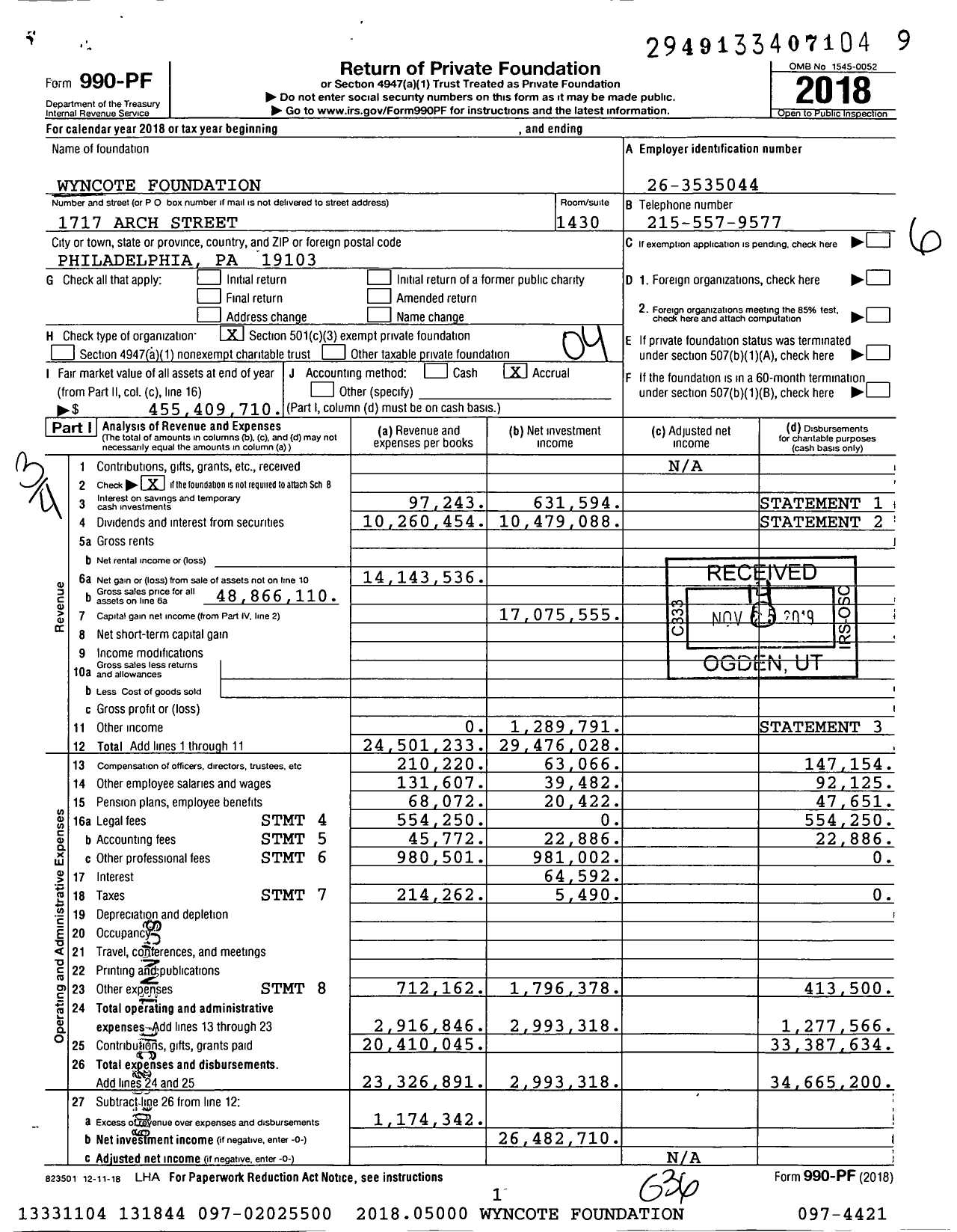 Image of first page of 2018 Form 990PF for Wyncote Foundation