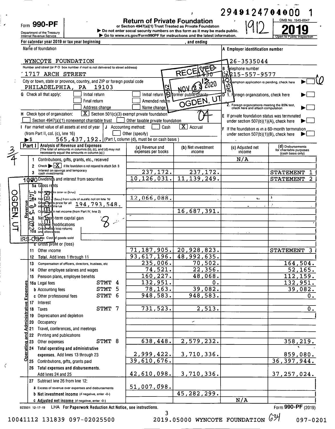 Image of first page of 2019 Form 990PF for Wyncote Foundation