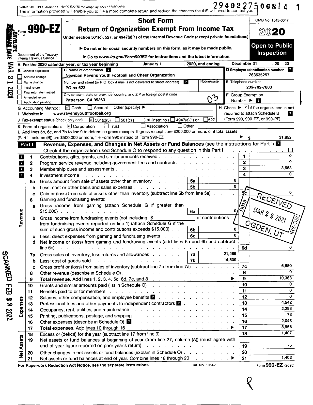 Image of first page of 2020 Form 990EZ for Patterson Junior Tigers Youth Football and Cheer