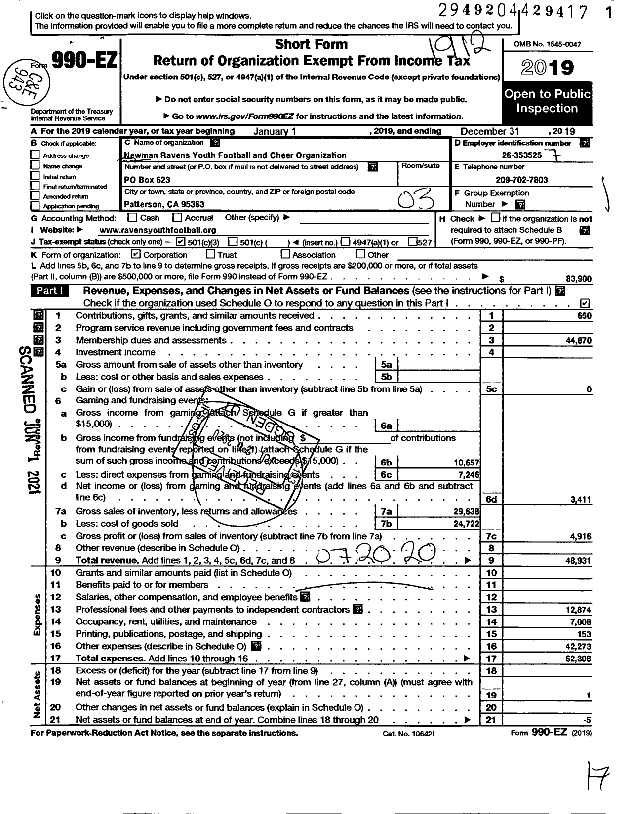 Image of first page of 2019 Form 990EZ for Patterson Junior Tigers Youth Football and Cheer