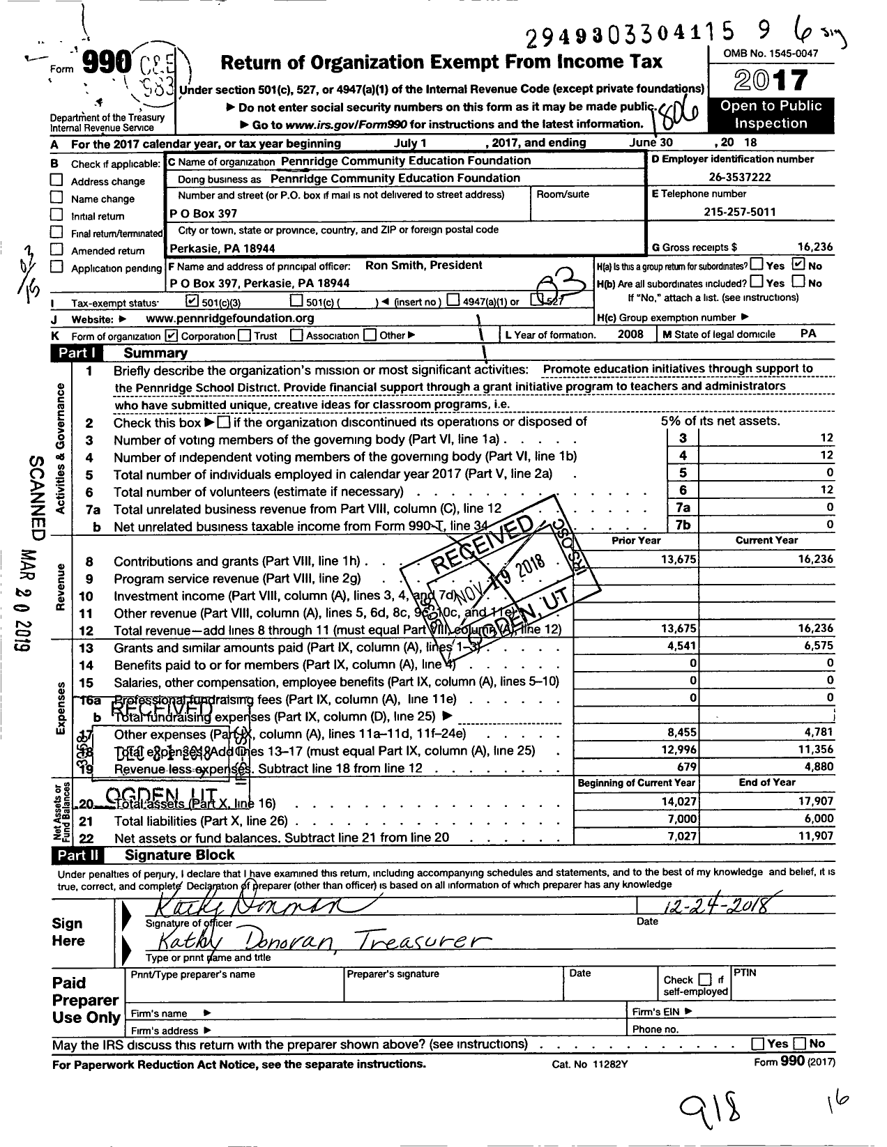 Image of first page of 2017 Form 990 for Pennridge Community Education Foundation (PCEF)