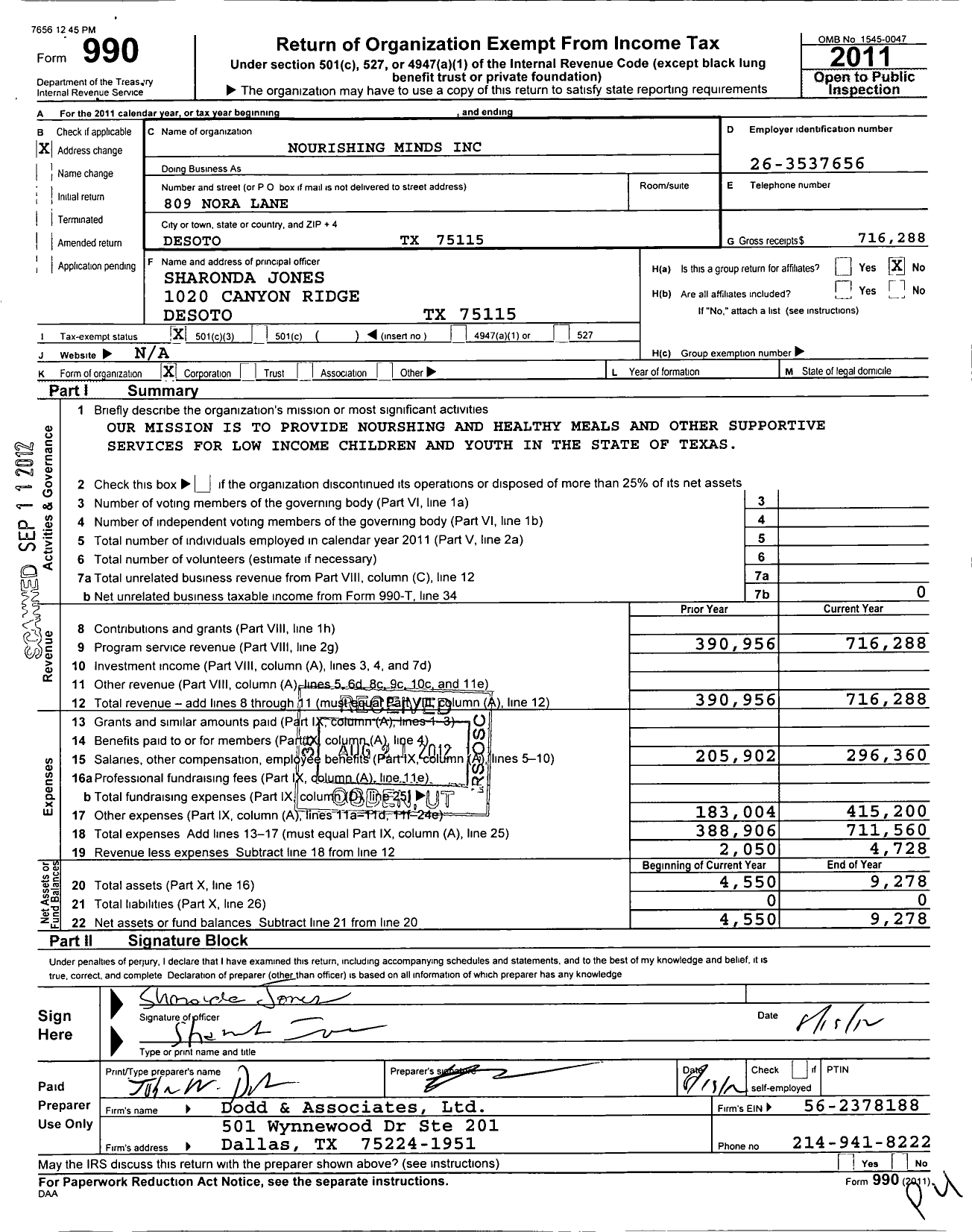 Image of first page of 2011 Form 990 for Nourishing Minds