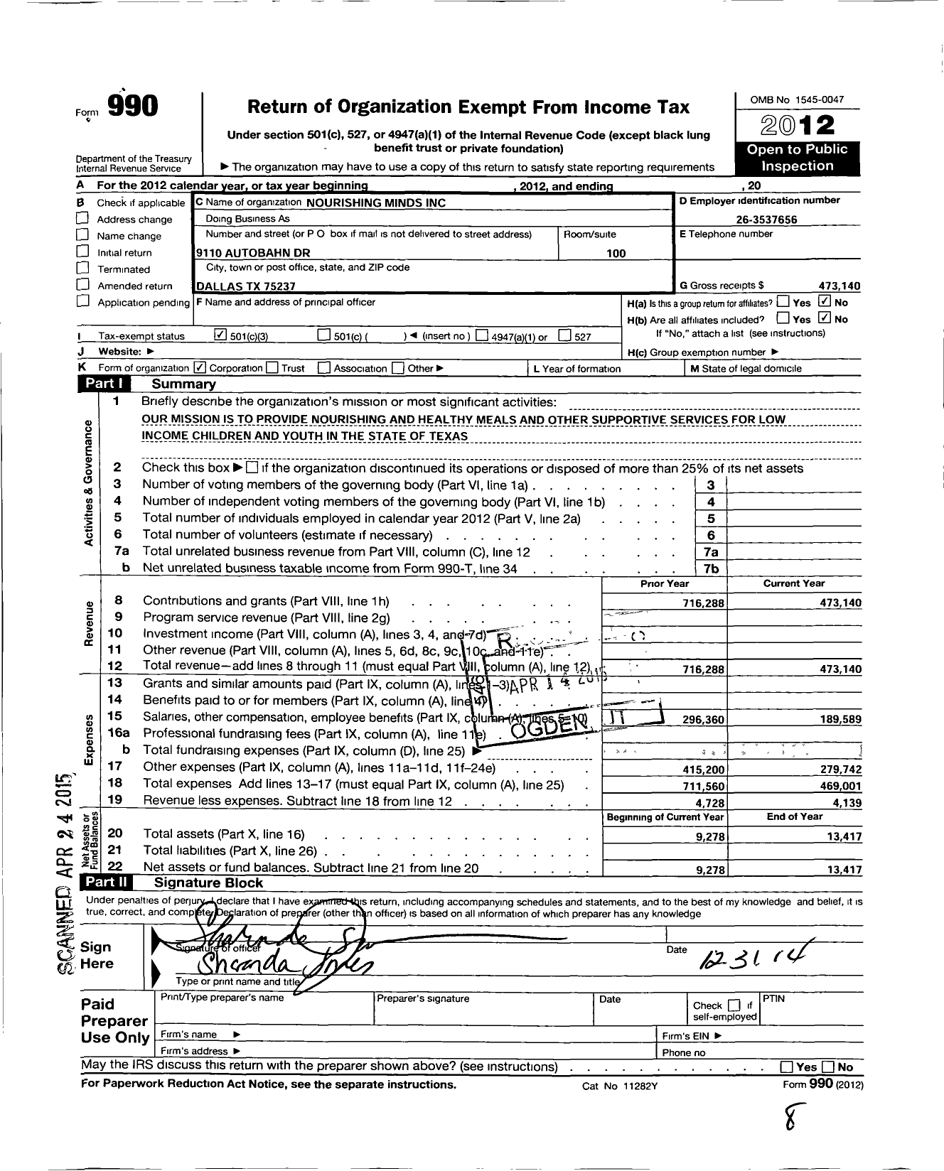 Image of first page of 2012 Form 990 for Nourishing Minds