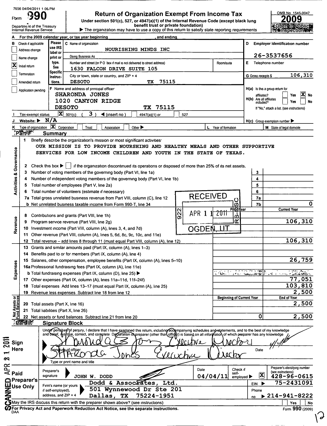 Image of first page of 2009 Form 990 for Nourishing Minds