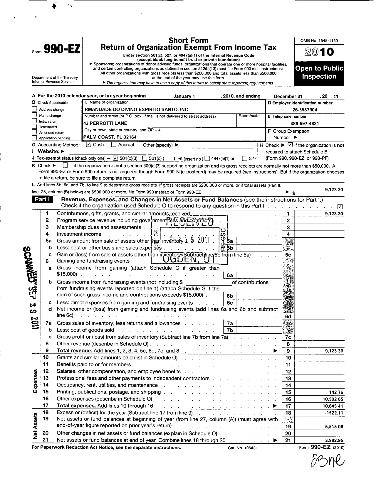 Image of first page of 2011 Form 990EZ for Irmandade Do Divino Espirito Santo