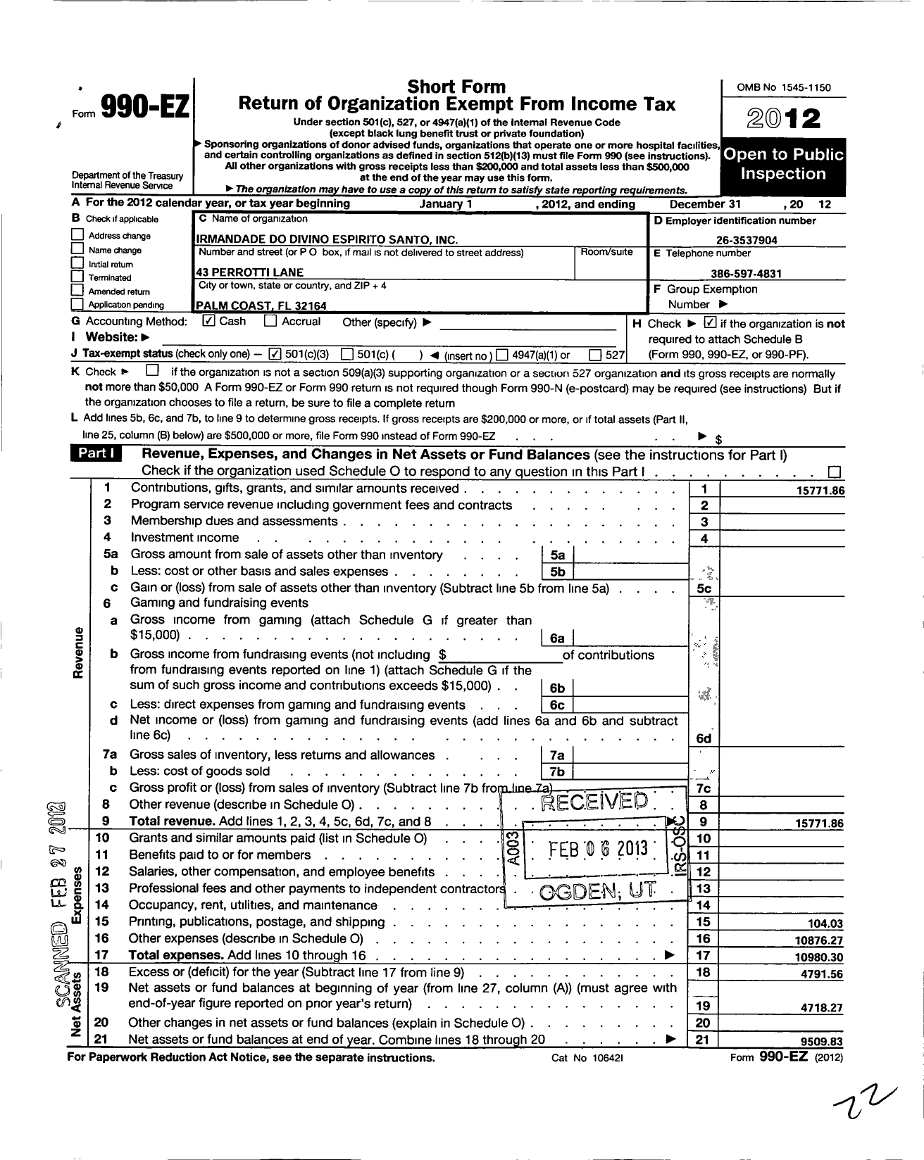 Image of first page of 2012 Form 990EZ for Irmandade Do Divino Espirito Santo