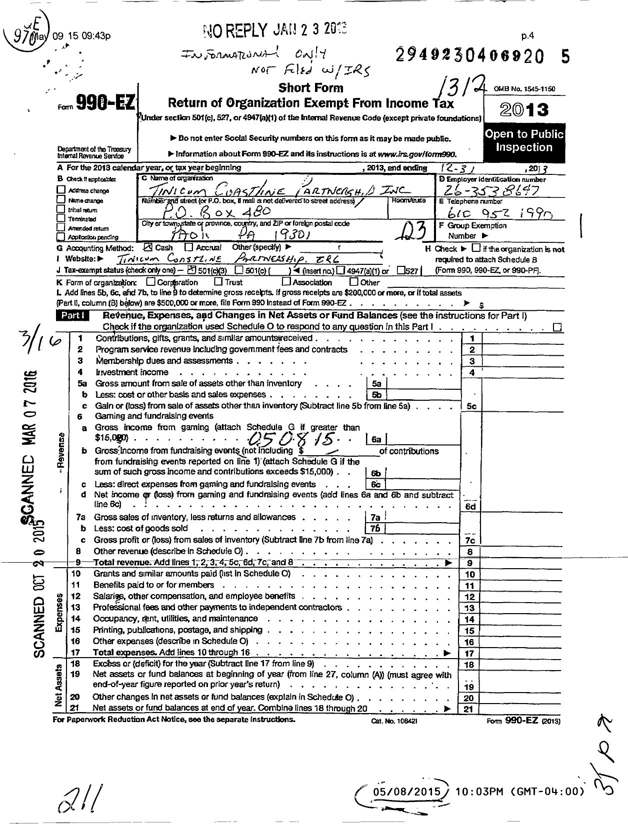 Image of first page of 2013 Form 990EZ for Tinicum Coastline Partnership