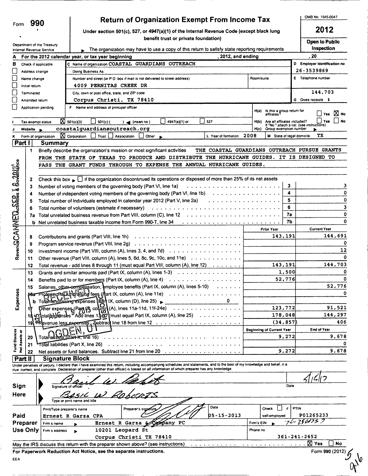 Image of first page of 2012 Form 990 for Coastal Guardians Outreach