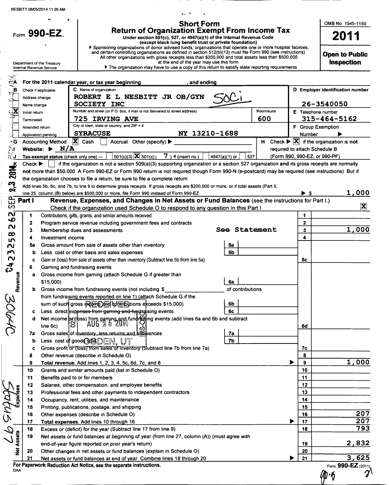 Image of first page of 2011 Form 990EO for Robert El Nesbittjr Ob Gyn Society