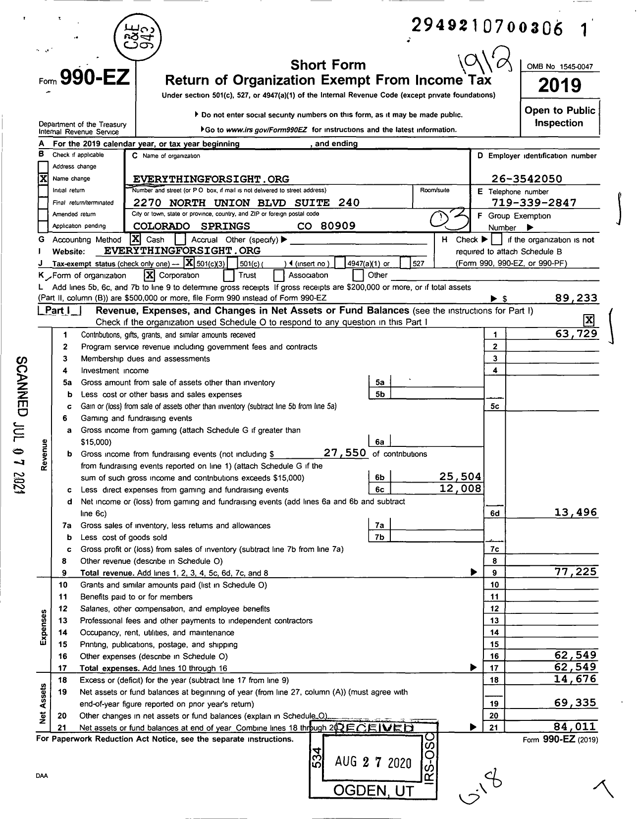 Image of first page of 2019 Form 990EZ for Everythingforsightorg