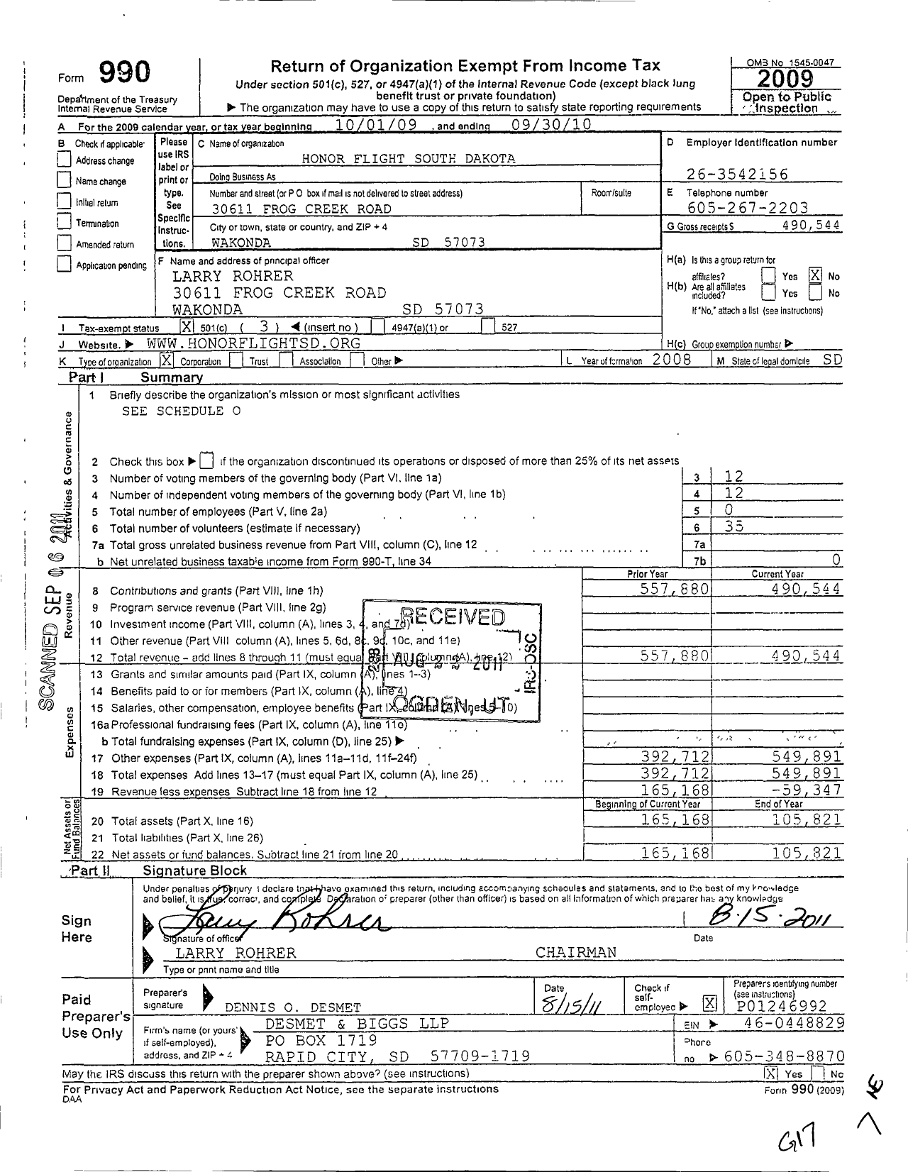 Image of first page of 2009 Form 990 for Honor Flight South Dakota