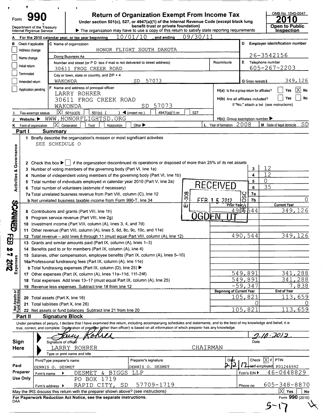 Image of first page of 2010 Form 990 for Honor Flight South Dakota