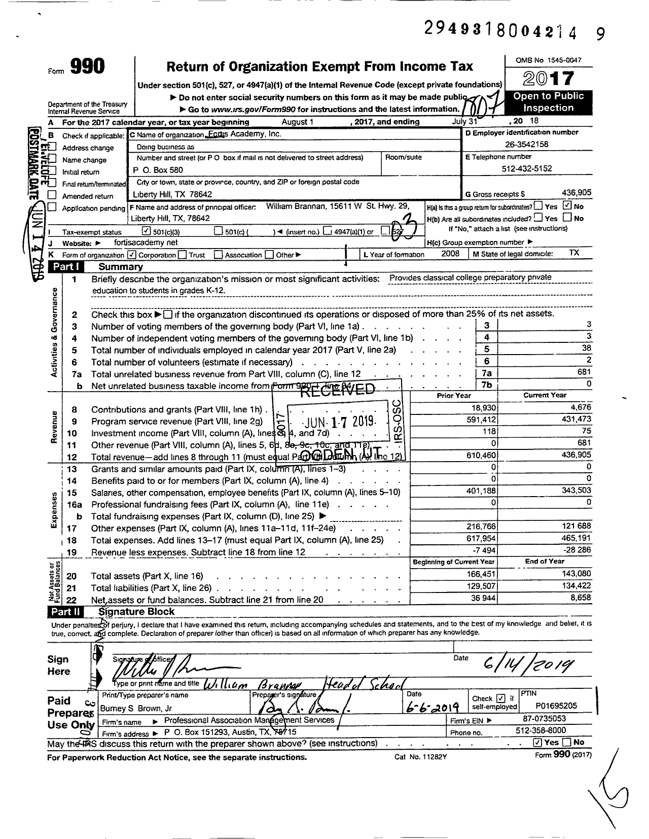 Image of first page of 2017 Form 990 for Fortis AcademyIncorporated