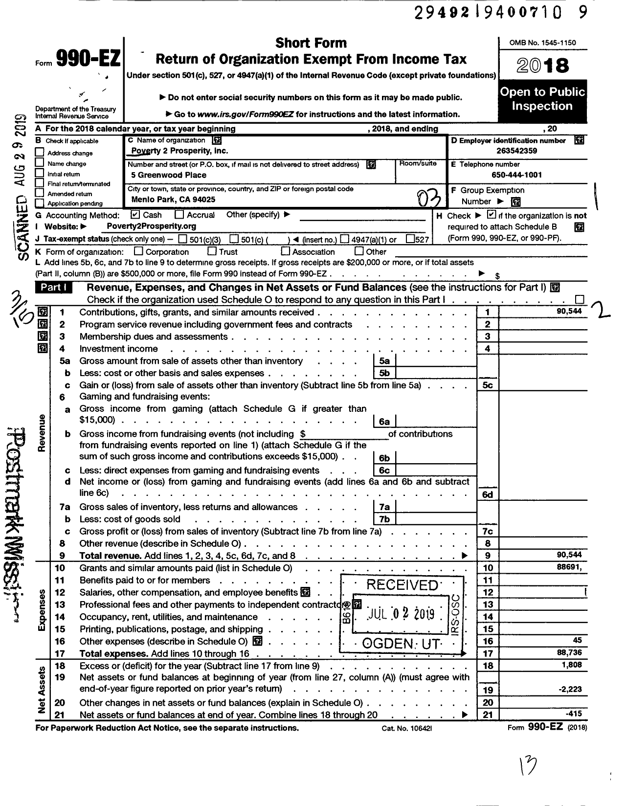 Image of first page of 2018 Form 990EZ for Poverty 2 Prosperity