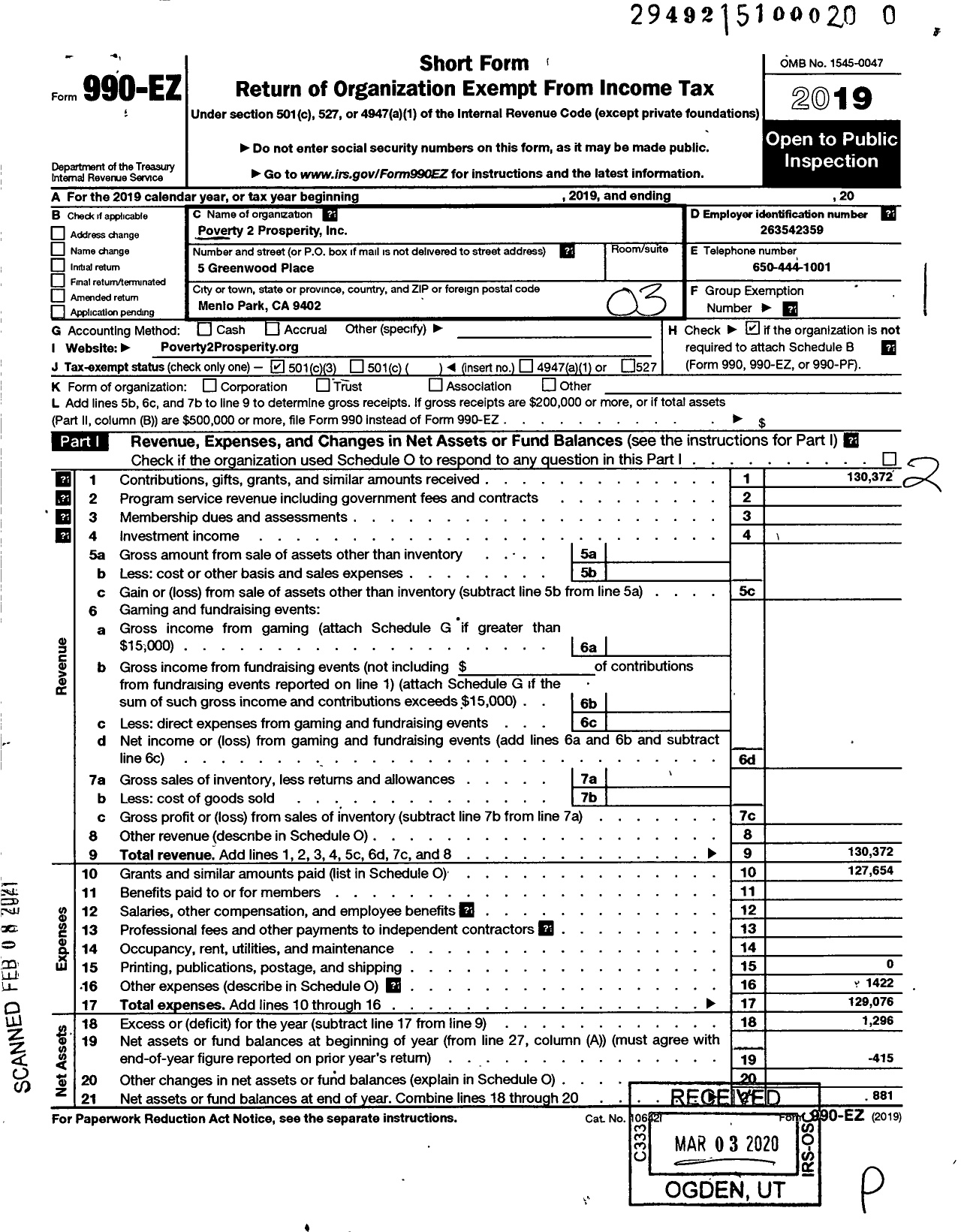 Image of first page of 2019 Form 990EZ for Poverty 2 Prosperity