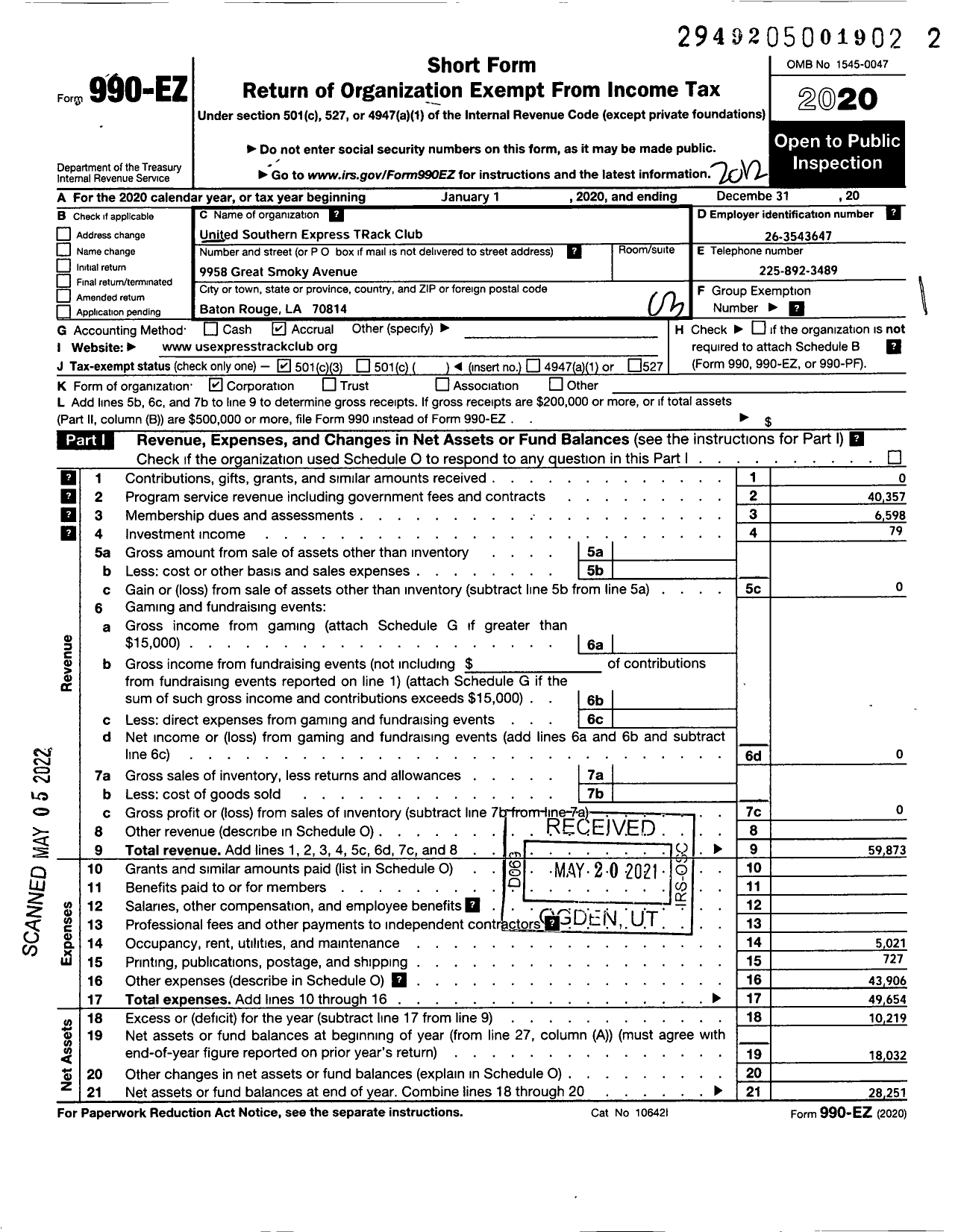 Image of first page of 2020 Form 990EZ for United Southern Express Track Club