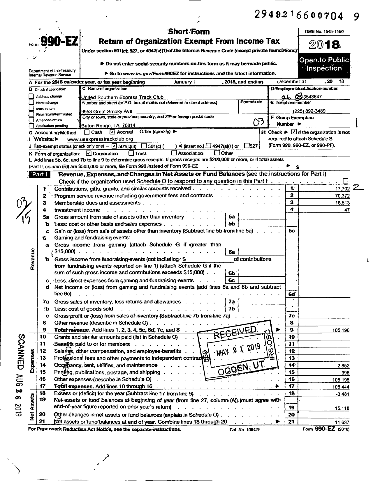 Image of first page of 2018 Form 990EZ for United Southern Express Track Club